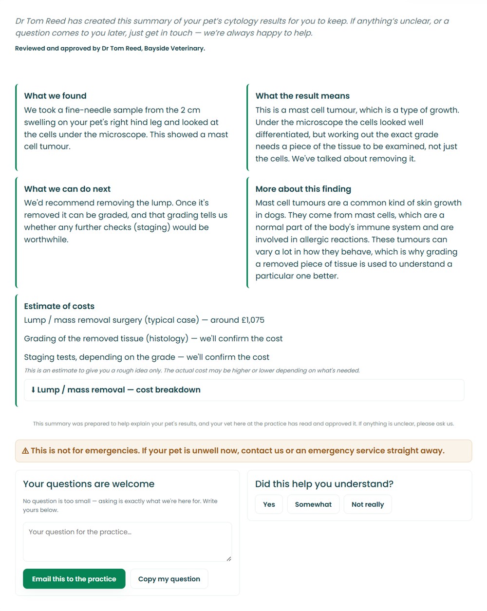 The page a pet owner receives: four short answers explaining a mast cell tumour result, an estimate of costs, an emergency line, and a box for asking the practice a question.